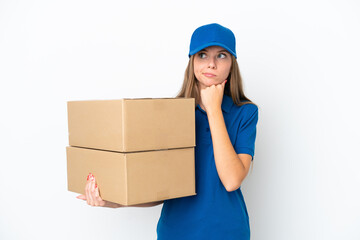 Delivery Lithuanian woman isolated on white background having doubts and thinking