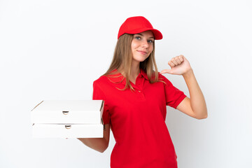 Pizza delivery Lithuanian woman isolated on white background proud and self-satisfied