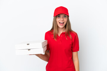 Pizza delivery Lithuanian woman isolated on white background with surprise facial expression