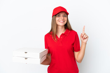Pizza delivery Lithuanian woman isolated on white background showing and lifting a finger in sign of the best