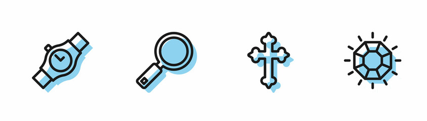 Set line Christian cross, Wrist watch, Magnifying glass and Diamond icon. Vector