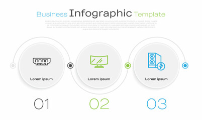 Set line RAM, random access memory, Computer monitor screen and Case of computer. Business infographic template. Vector