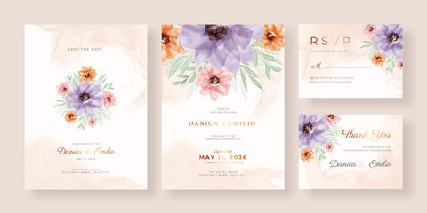 Fototapeta na wymiar Romantic and elegant watercolor wedding invitation template with beautiful floral