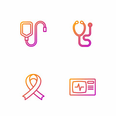 Set line Monitor with cardiogram, Awareness ribbon, IV bag and Stethoscope. Gradient color icons. Vector