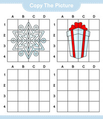 Copy the picture, copy the picture of Snowflake and Gift Box using grid lines. Educational children game, printable worksheet, vector illustration