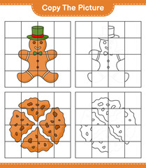 Copy the picture, copy the picture of Gingerbread Man and Cookie using grid lines. Educational children game, printable worksheet, vector illustration