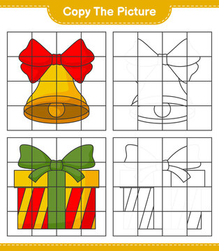 Copy the picture, copy the picture of Christmas Bell and Gift Box using grid lines. Educational children game, printable worksheet, vector illustration