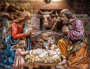 Colmar, France - December 13, 2021: Christmas nativity scene in the church of Colmar, France
