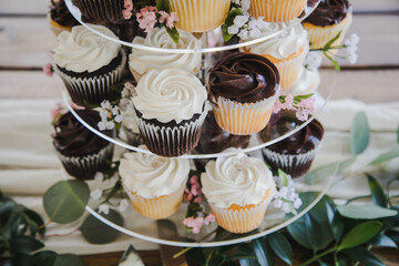 Closeup Detail of Fancy Vanilla and Chocolate Wedding Cupcakes from Above with Small White and Pink Flowers