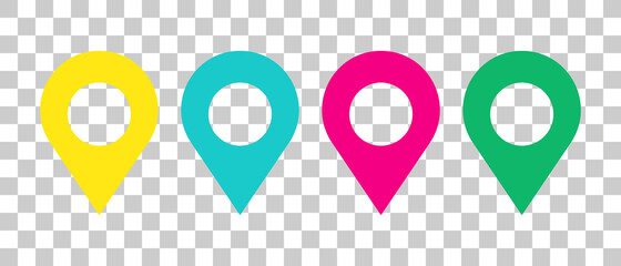 A set of colorful map pin icons. Location-related vectors.