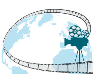 Vector design in flat style. Planet Earth, retro film camera, film is located around the planet, as a symbol of the global film industry.
In the middle of the composition, you can place your text.