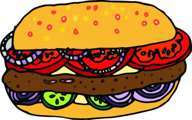 Vector hand drawn burgers and snacks objects, drawn fast food elements, sandwiches, street food