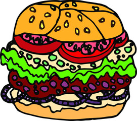 Vector hand drawn burgers and snacks objects, drawn fast food element, sandwich, street food