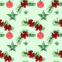 Watercolor light green seamless pattern with fir branches and stars