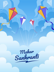 Illusstration of Makar Sankranti Festival Design with flying kite at sky and cloud. Modern Makar Sankranti Festival Illustration cartoon.can use for greeting card, poster, postcard, invitation, web.