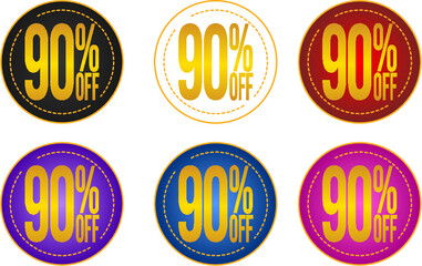 Set of 90%off discount tags, with black, white, blue, red, pink and purple backgrounds, with gold details and letters