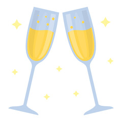 Two glass thin glasses with champagne and bubbles, stars around, flat style. Cups with shadows and highlights. Design objects, decor elements for the menu and restaurant. Suitable for brand logo.