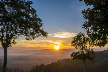 aerial view beautiful yellow sunrise above the mountain in phang Nga valley..slow floating fog blowing cover on the mountain look like as a sea of mist. .scenery golden sunrise at horizon background.