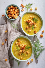 Delicious gherkins soup served with croutons and cream.