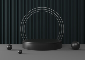 Black podium, pedestal or platform with silver elements. Advertising place scene.  3d Rendering