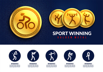 Sport winning golden medals, Sport infographic icons, Sport club logotype concept. Realistic medalsfor  First Second Third placement