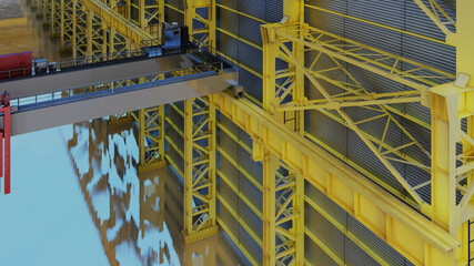 Factory shed with yellow steel beams with details of screws and cables and skylights for sunlight