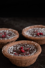 Close-Up of Delicious Chocolate Tarts on Dark Background with Copy Space Vertical