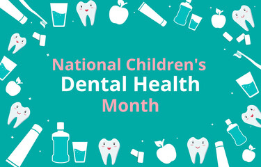 National Children's Dental Health Month. Banner for the children's dental clinic. Care of teeth and oral cavity of children. Vector background