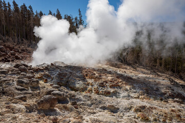Steamboat Geyser at Norris Geyser Basin in summer, Yellowstone National Park Wyoming hot springs.