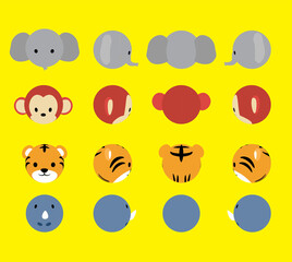 3D Ball Head Animal Elephant Monkey Tiger Rhinoceros Rotation Cartoon Vector Illustration