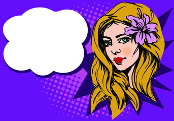 Wow a feminine pop art face. With blue eyes, an open lips, and a speech bubble,  sexy young woman is astonished. Bright vector backdrop in the manner of a pop art retro comic. Poster for a party invit
