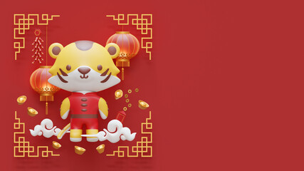Chinese New Year Landing Page Template With Cute Tiger 3D Render Illustration