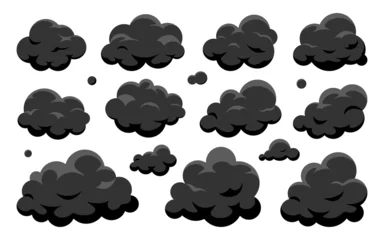 Fototapeten Cloud black flat set. Cartoon mainly cloudy weather symbol game app widget web interface. Smoke soot pollution exhaust fumes element overcast sky 2D. Element for postcard book shape isolated on white © VartB