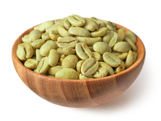 Green coffee beans in the wooden bowl, isolated on white background