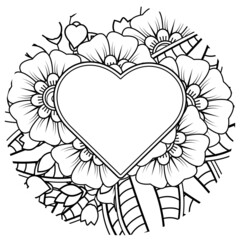 Mehndi flower with frame in shape of heart. decoration in ethnic oriental, doodle ornament.