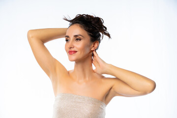 Obraz premium close-up portrait of a woman. beauty industry. personal care. the girl in the studio shows the zones on the face. isolated white background