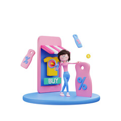 3d rendering female character stand with megaphone with white background