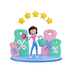 3d rendering female character and tag discount with white background