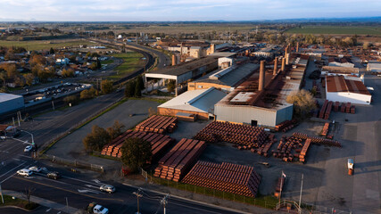 Sunset aerial view of the industrial core of Lincoln, California, USA.