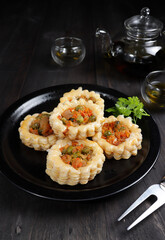 Puff pastry ayam or chicken puff pastry or vol au vent with chicken and vegetables.