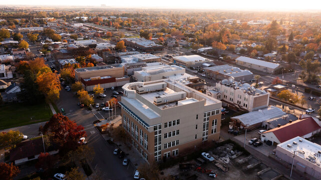 Sunset Aerial View Of The Urban Core Of Downtown Lincoln, California, USA.