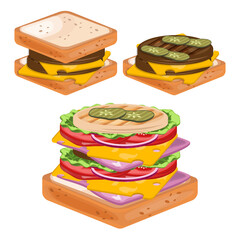 Set of sandwich and toast with meat and food illustration concept