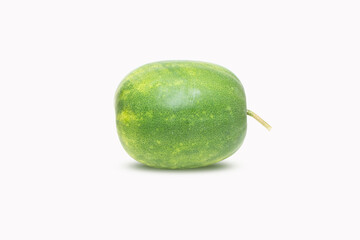 Fresh whole Winter melon green fruit put horizontal oval shape isolated on white background. Is local vegetable, herbaceous plant, vines. Is widely cultivated in Southeast Asia. East Asia, South Asia.