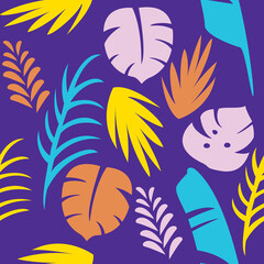 Fototapeta na wymiar leaves botanical style vector seamless pattern. colorful monstera coconut palm and banana leaves on blue background. summer elements decorative cute. graphic of hand-drawn illustration for print.