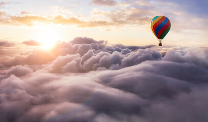 Dramatic Mountain Landscape covered in clouds and Hot Air Balloon Flying. 3d Rendering Adventure Dream Concept Artwork. Aerial Image from British Columbia, Canada. Sunset or Sunrise Sky