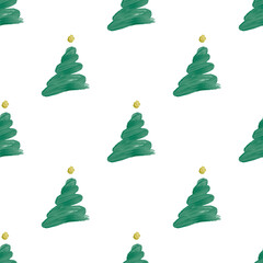 seamless simple hand draw christmas pattern background with green pine tree and golden star from oil colour
