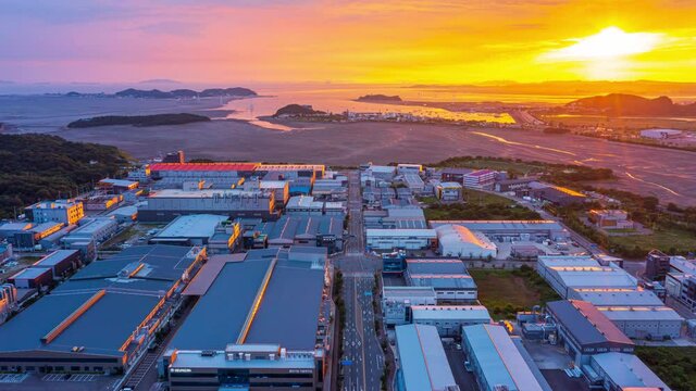Aerial view of seaside industrial estate and sunset,South Korea.