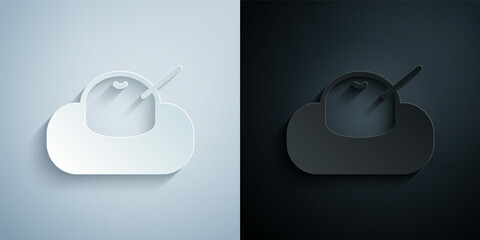 Paper cut Mochi icon isolated on grey and black background. Japanese traditional weet soft dessert. Ball of rice flour with bean paste. Paper art style. Vector