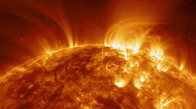 Our star with magnetic storms. Plasma flash on the surface of a our star with lot of stars "Elements of this image furnished by NASA