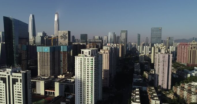 Shenzhen ,China - Circa 2021: Drone aerial footage of landscape in shenzhen city,China